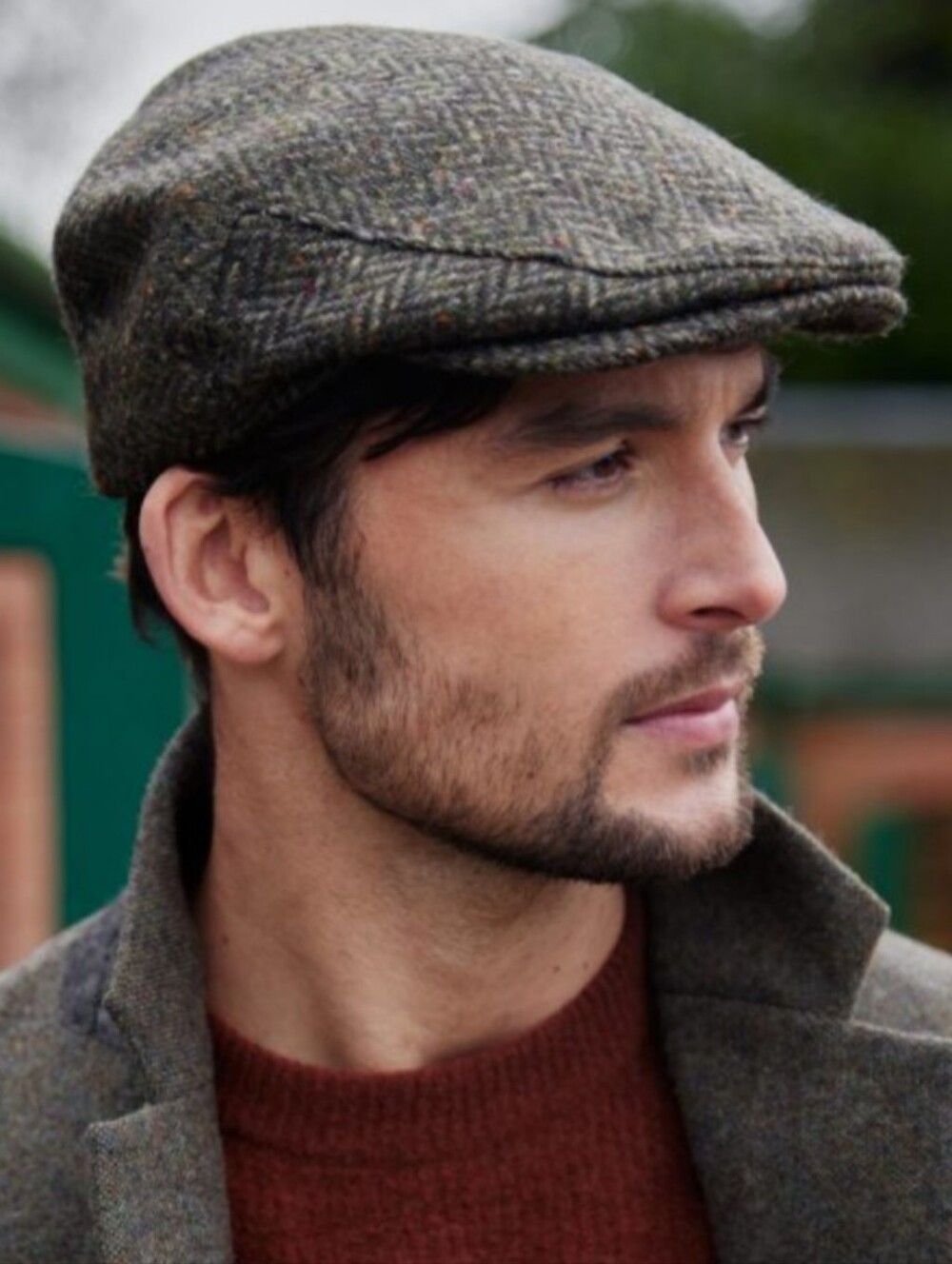 John Hanly Classic Irish Tweed Wool Flat Cap Brown Green Donegal Herringbone XL